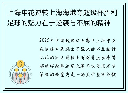 上海申花逆转上海海港夺超级杯胜利足球的魅力在于逆袭与不屈的精神