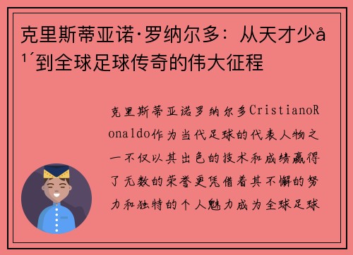 克里斯蒂亚诺·罗纳尔多：从天才少年到全球足球传奇的伟大征程